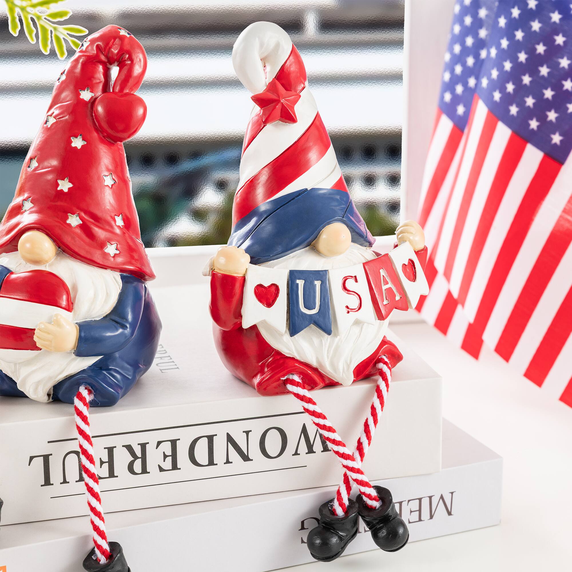 Glitzhome® Set of 2 Patriotic Americana Polyresin Gnomes with Dangling Legs Table Decor